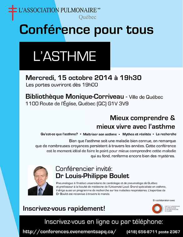 Conférence sur l'asthme le 15 octobre à 19 h 30 à la bibliothèque Monique-Corriveau